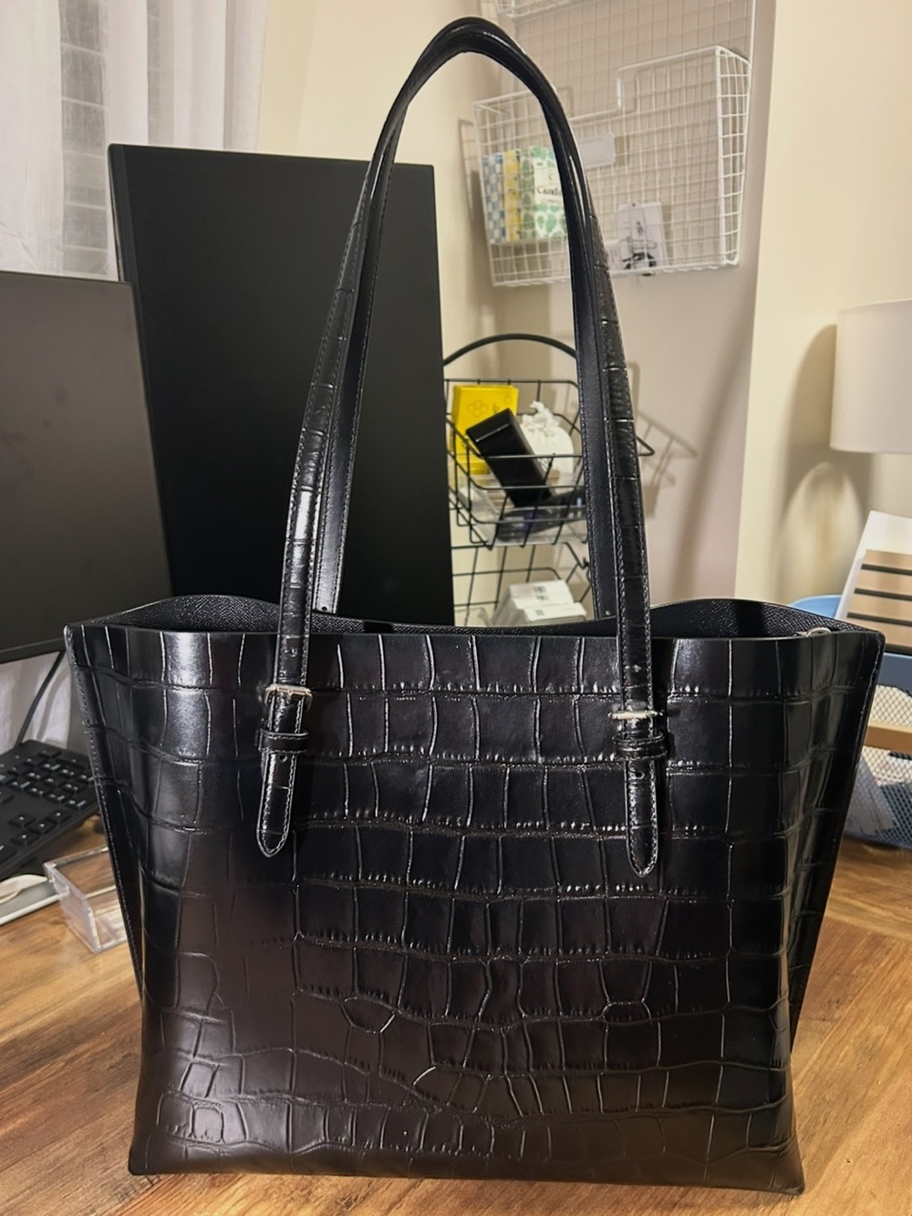 COACH Mollie Tote Bag- Black Croc-Embossed Leather - Picture 6 of 13